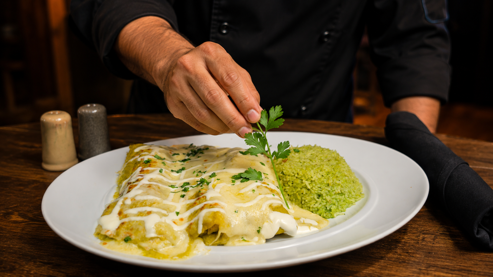 Chef garnishing enchiladas with fresh herbs
